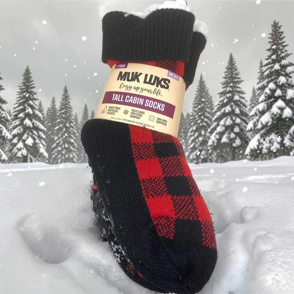 NEW MUK LUKS Tall Cabin Socks Fair Isle Red Black Non Skid Women's Sz 6-10 NWT